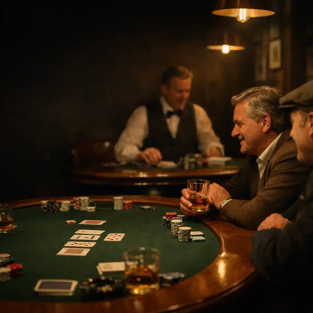 Goście przy stole pokerowym w ciepło oświetlonym card roomie