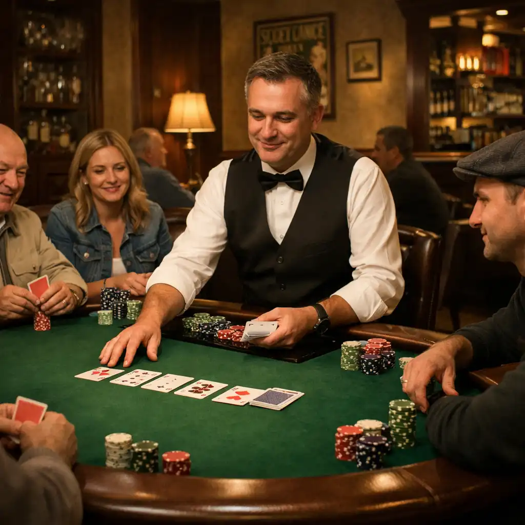 Host i dealer prowadzą spokojne rozdanie przy stole pokerowym w card lounge