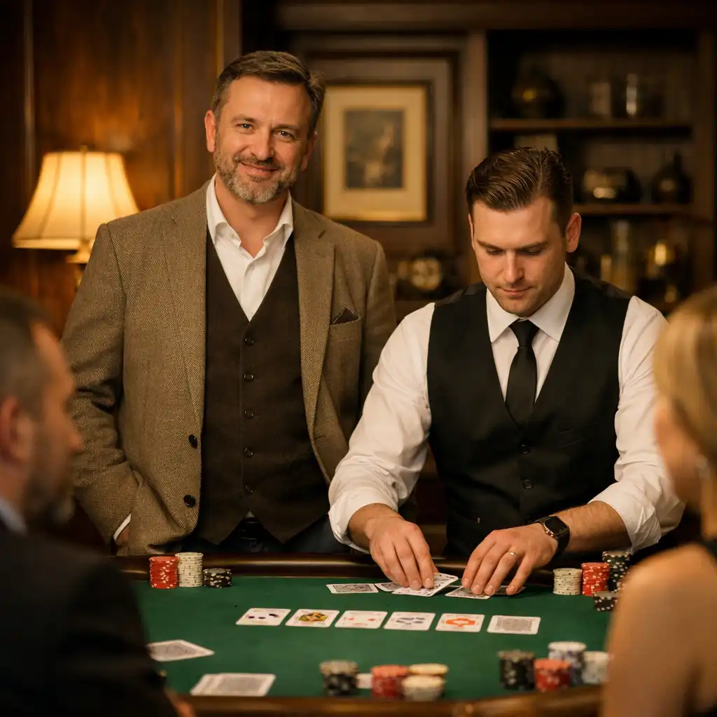 Host i dealer przy zielonym filcowym stole w card roomie