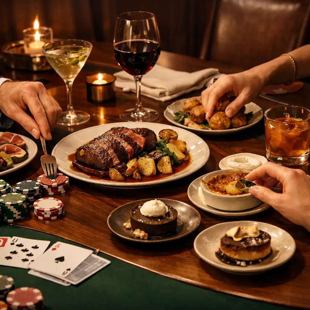 Sharing plates, wino i koktajle obok stołu pokerowego
