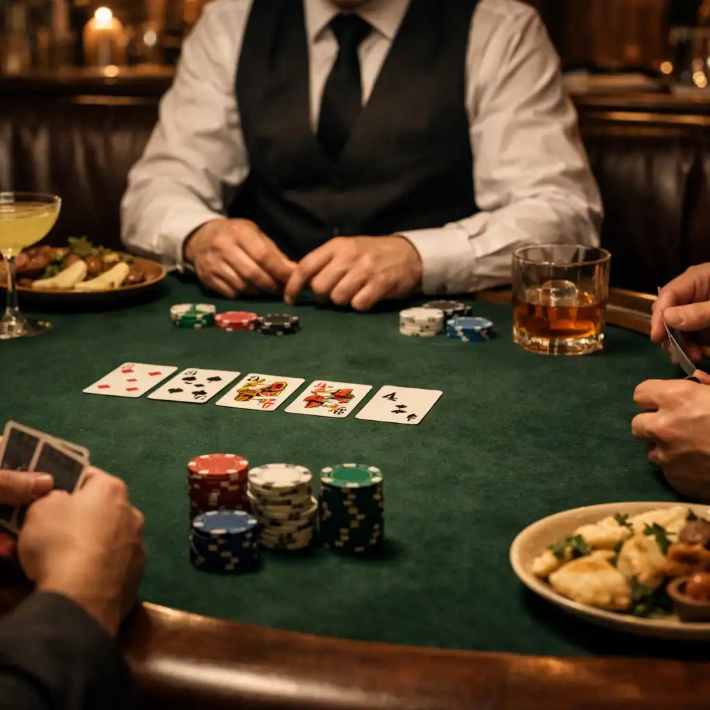 Dłonie przy zielonym stole pokerowym z małymi talerzami i koktajlami