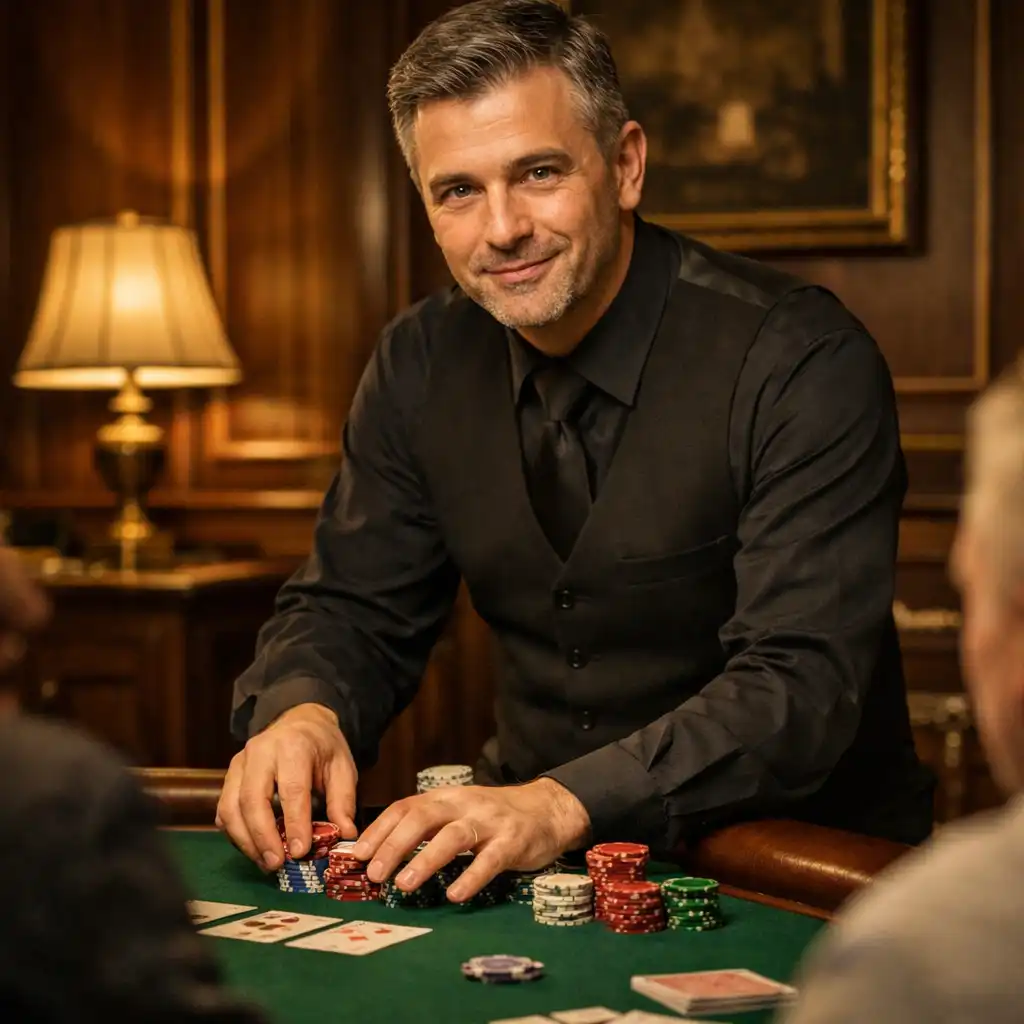 Host prowadzący grę przy stole Texas Hold’em w card roomie