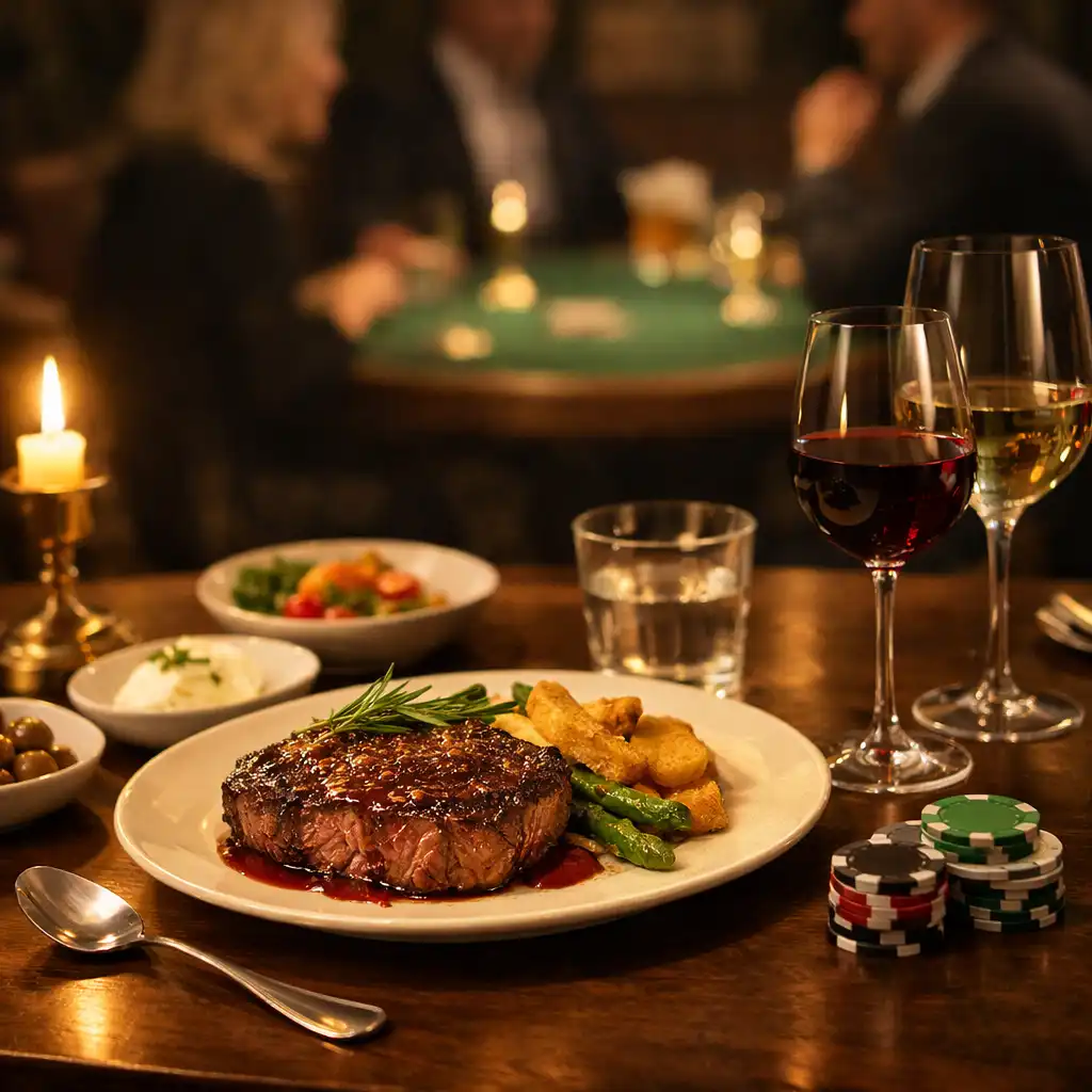 Kolacja, kieliszki i dyskretne żetony pokerowe w restauracyjnym wieczornym świetle