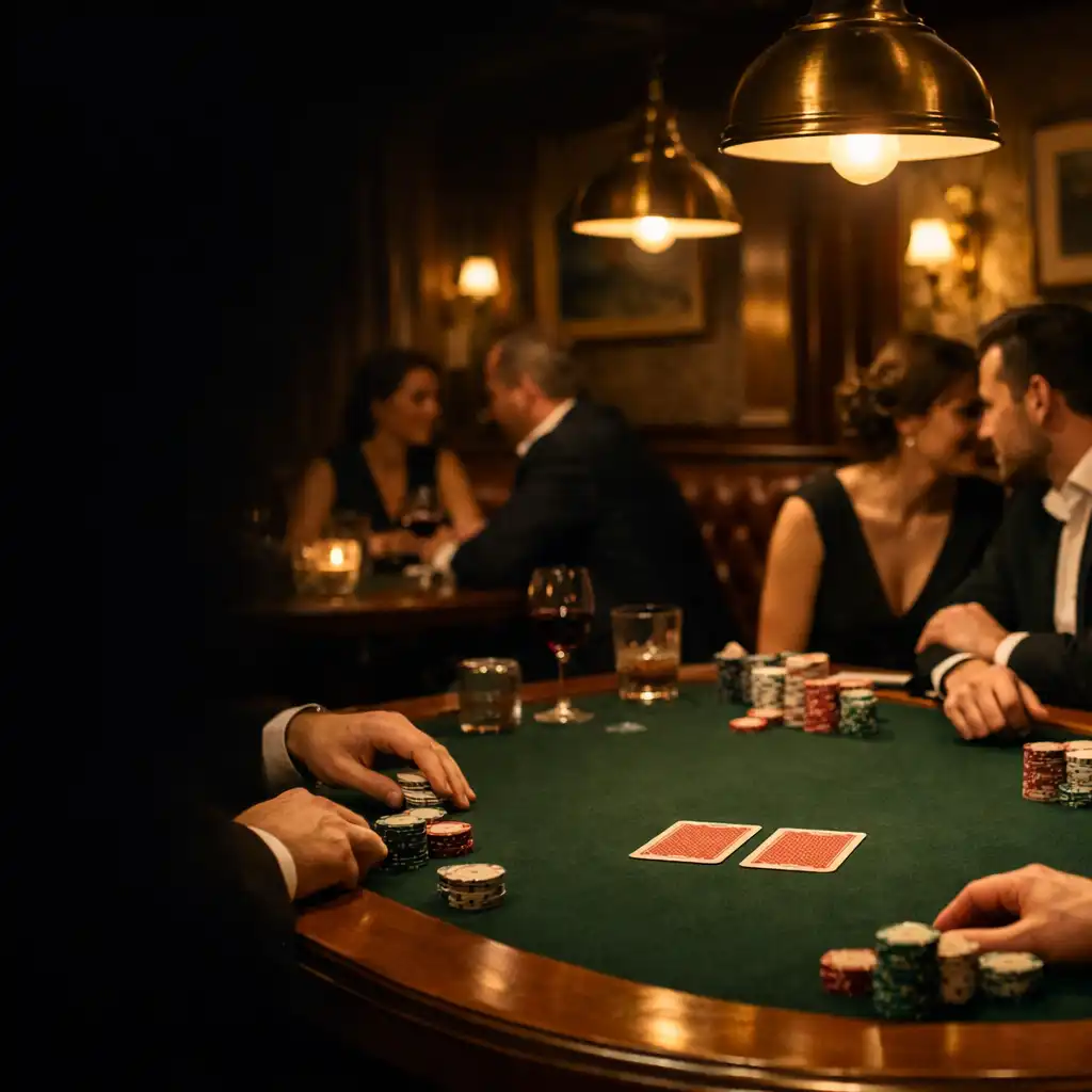 Goście przy zielonym stole pokerowym w wieczornym wnętrzu Miejsca Przystole