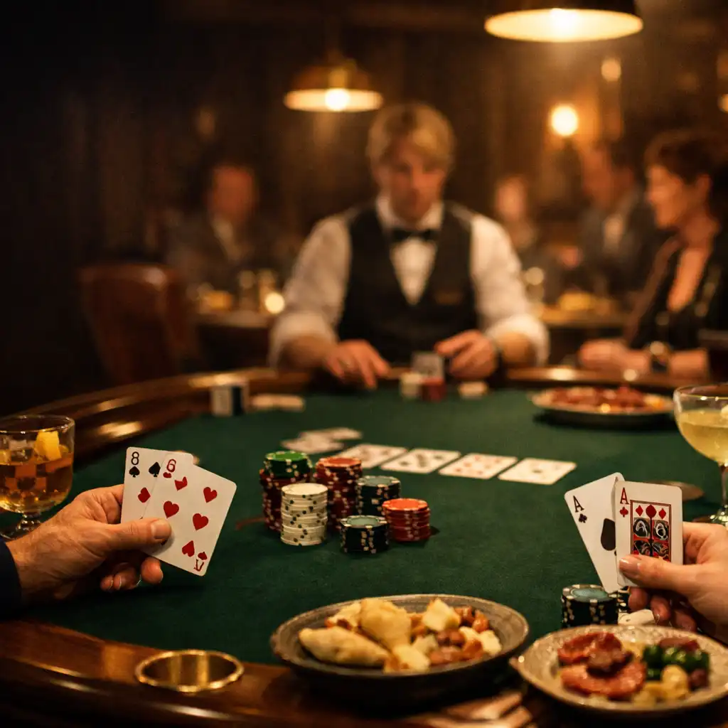 Dłonie przy zielonym stole pokerowym, żetony, karty i wspólne dania w ciepłym wnętrzu Miejsca Przystole