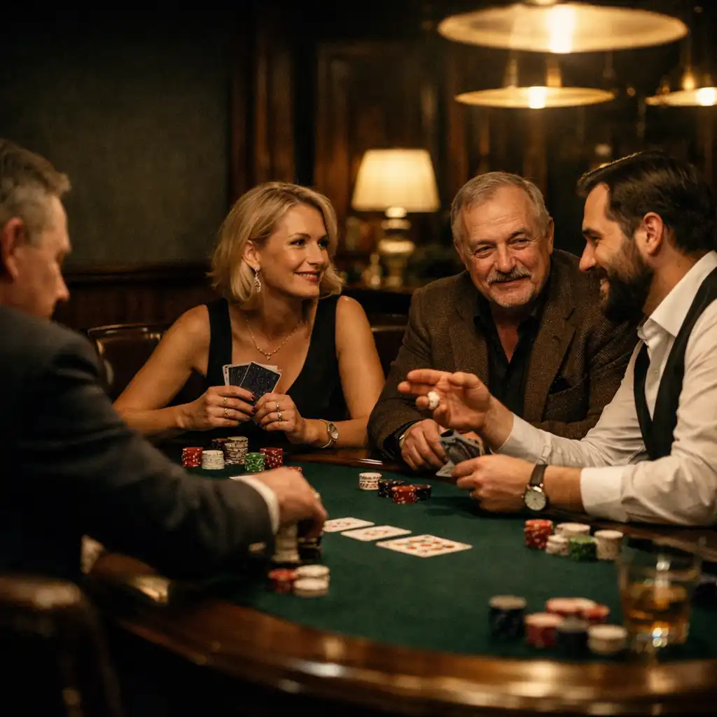 Dłonie gości, żetony i karty przy zielonym stole Texas Hold’em w Miejsce Przystole