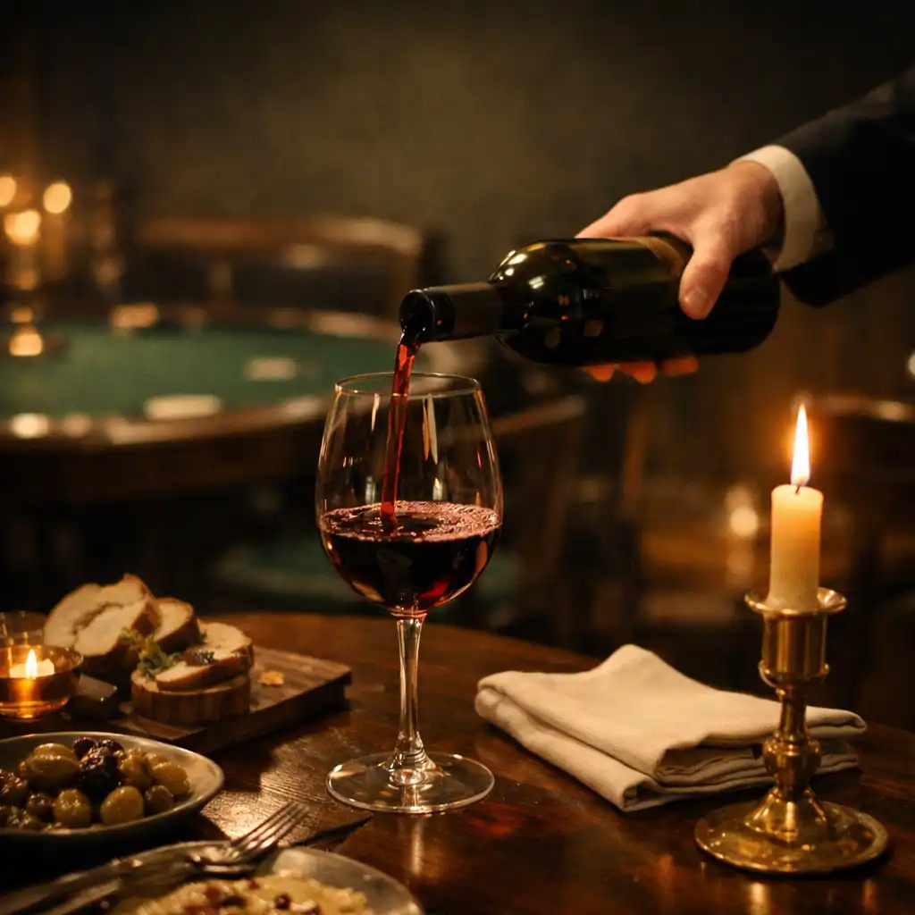 Dłoń nalewająca czerwone wino przy wspólnym stole i sharing plates