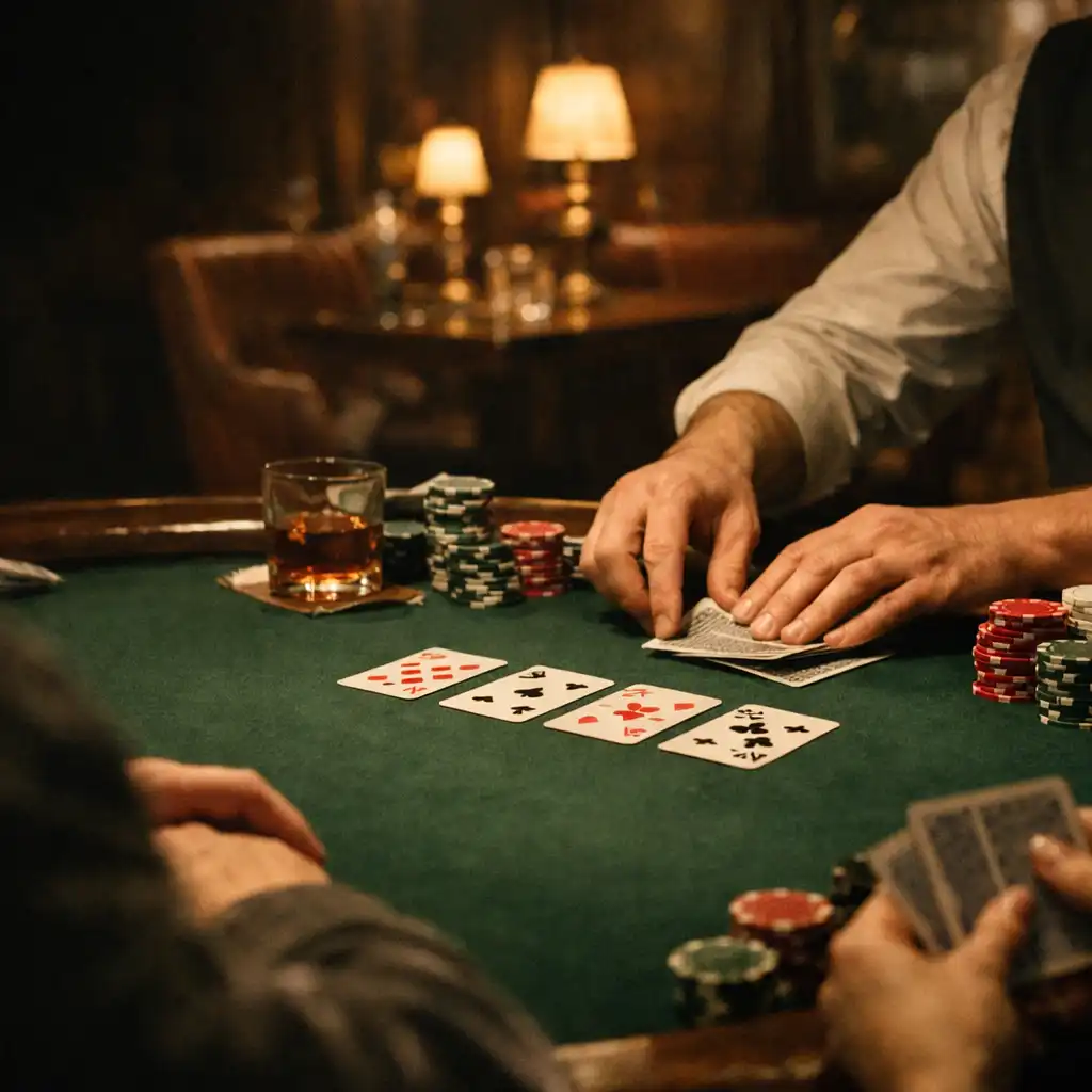 Dłonie dealera, żetony i zielony filc przy stole Texas Hold’em w card roomie